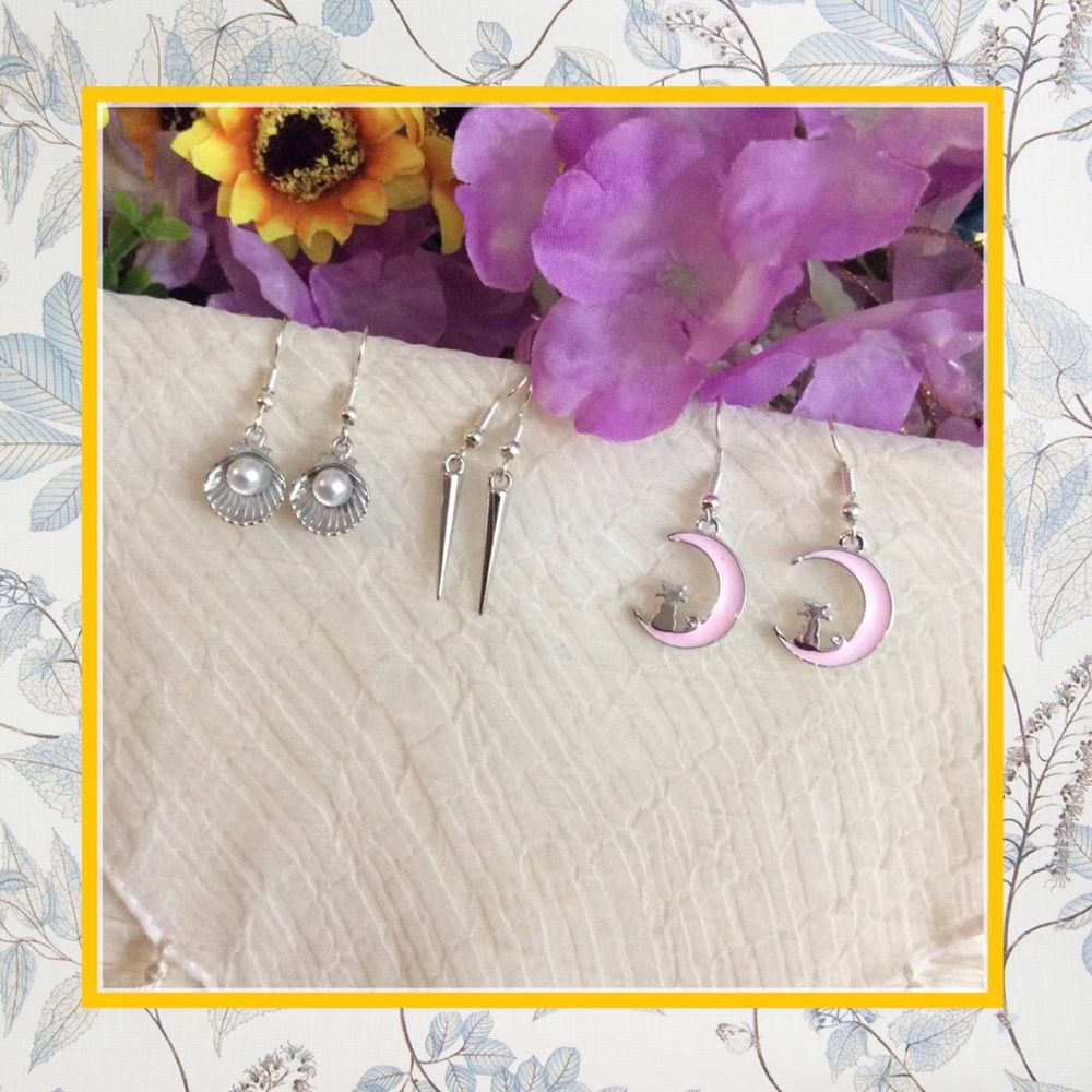 🎀 3PC SILVER DANGLE EARRINGS MOON SHELL SPIKE BOHO CHIC BUNDLE SET CAT HOOK